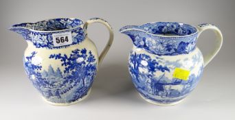 Two Swansea pottery blue & white transfer cream jugs (A/F)