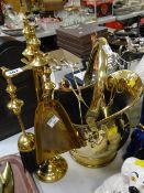 A small brass helmet coal scuttle, brass companion set etc