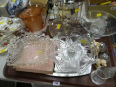 A tray of glass items together with some resin pig ornaments & stainless steel tray etc