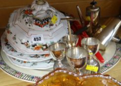 A large Staffordshire meat plate with a muffin dish, parcel of EPNS & candles etc