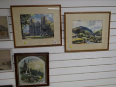 Pair of prints of landscapes together with a print of the Eagle Tower, Caernarfon Castle etc