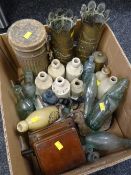 A selection of vintage stoneware & glass bottles etc together with a pair of decorated artillery