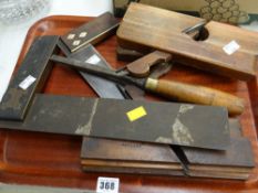 A small parcel of vintage wood working tools, planes, set squares & chisel