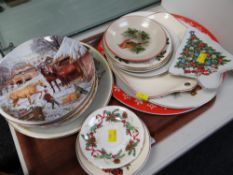 Tray of mainly Christmas decorated plates together with six new martini glasses