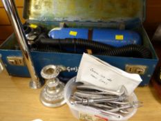 A cased vintage dentist instrument gas mask and bottle together with a parcel of dentist's tools