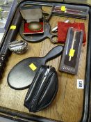 Parcel of items on a tray including Parker fountain pen, policeman's truncheon, polished stone