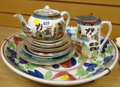 Staffordshire pottery teapot, milk jug with selection of plates & a large charger