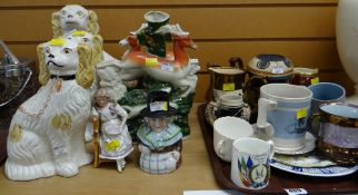 Tray of pottery mugs, china plates together with Staffordshire dogs & ornaments etc