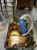 Mixed parcel of items including a carved wooden love spoon, wooden cats, enamel bowl etc