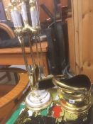 Brass helmet coal bucket & brass effect & marble handled companion set