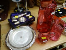 A cased communion set together with an EPNS dish & three cranberry jugs