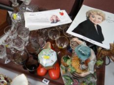 A tray of various ornaments, fancy drinking glasses & a signed photograph of Ruby Murray etc