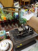 A wooden cased vintage gramophone together with a brass umbrella stand