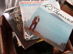 Box of LP records, mainly classical together with spoken word R S Thomas reading his own poems