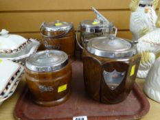 Four vintage wooden biscuit boxes, tea caddies etc