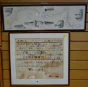 Framed sampler of the alphabet etc dated 1888 (distressed) together with a framed print of the