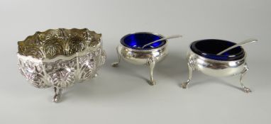 A continental silver sugar bowl & two hallmarked silver salts with spoons