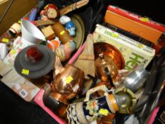 Two crates of various ornaments, modern copper jugs, several books, Russian dolls etc