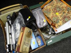 Two crates containing various items including vintage radios, camera equipment etc