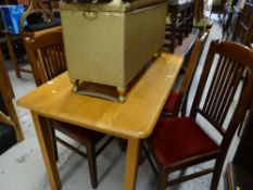 A vintage Lloyd Loom serpentine linen basket, an antique carved chair & a modern table & four