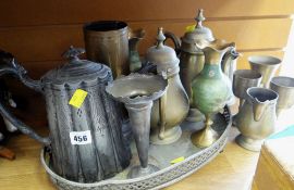 An EPNS galleried tray together with selection of EPNS brass artillery shell etc