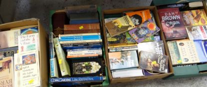 Four boxes of hardback & paperback books, mainly fiction, some reference