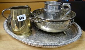 Small parcel of EPNS including a tray, two-handled bowl etc