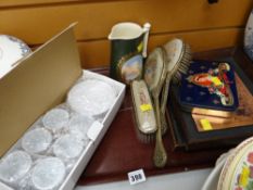 Vintage dressing table set, boxed miniature coffee set, commemorative tin, two etched copper