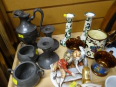 Pair of Mason's Chartreuse candlesticks, Wade lustre tankard, pewter items etc