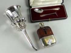 A hallmarked silver cased spoon & pusher set together with an EPNS plate wine funnel & strainer &