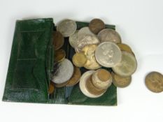 Green leather purse containing a quantity of coins (some with silver content)