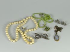 An opal pendant & chain together with a silver peridot necklace, string of pearls & marcasite