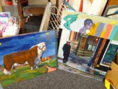 An acrylic on board of a standing Hereford bull together with a selection of abstract modern