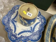 Wileman & Co blue and white cabaret tray and a Wedgwood Jasperware biscuit barrel with EP mounts and