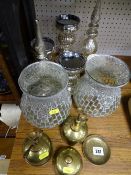 Group of modern crackle glass type ornaments, two brass atomizers and a desk bell etc