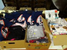 Three boxes of brand new clothing including T-shirts, jeans, boxed bras and tights etc