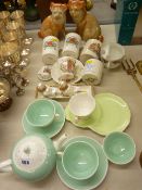 Pair of Victorian pug dogs, a selection of commemorative teaware, a Susie Cooper part teaset etc