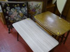 Mid Century Remploy nest of three tables, a small retro coffee table and two floral design