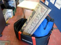 Large canvas Paterson suitcase, rucksack, small rug, fold-up table (a parcel)