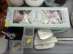 Boxed porcelain headed collector's doll and a selection of dressing table items