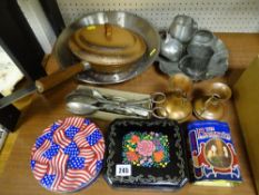 Three vintage style tins, a selection of pewter ware, a small box of loose cutlery etc