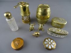 Three vintage brass pill boxes, a miniature miner's lamp, a brass barrel moneybox etc
