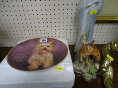 Nao figurine of a lady with fan, a brass fox figurine, a pottery example and a dog decorated