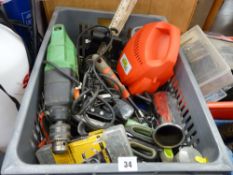 Plastic crate containing Woolworths workshop polisher, Hitachi hand drill, paint sprayer equipment