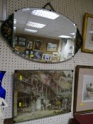 Vintage wall mirror with barbola type decoration and a classical style coaching print by E M