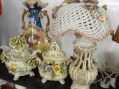 Floral decorated Victorian vase and four Capodimonte style ornaments including a table lamp