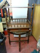 Dark wood half moon hall table and a two shelf Edwardian Canterbury