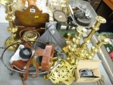 Pair of Victorian circular based brass candlesticks and others, a set of vintage cast iron scales