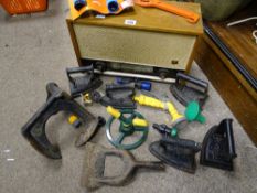 Vintage Ferranti radio, collection of vintage flat irons and a quantity of garden hose attachments