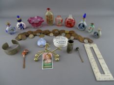 Mixed collectables including vintage coinage, glass and pottery opium bottles, small cranberry glass